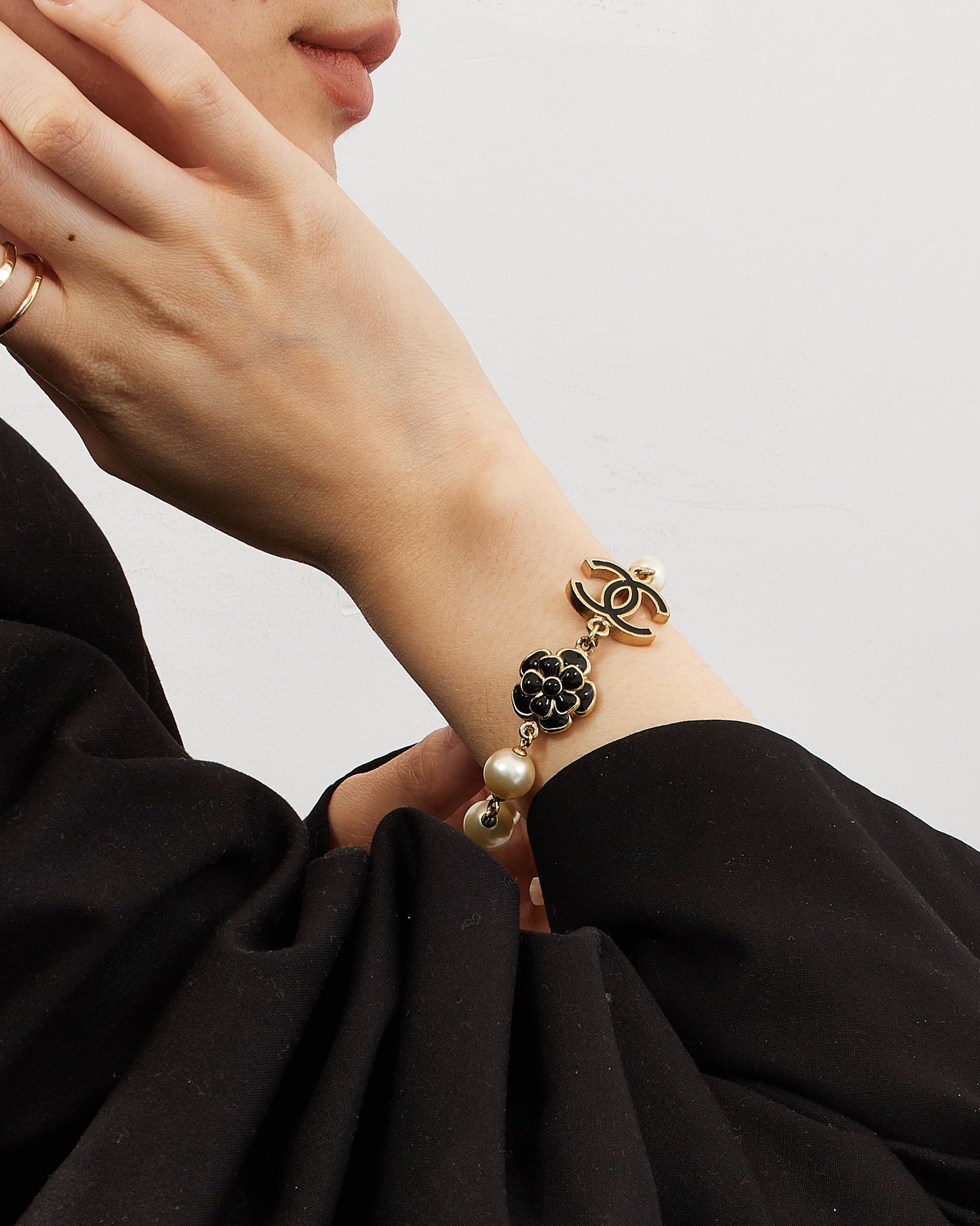 Chanel Black Enamel and Pearl Camellia Flower Bracelet