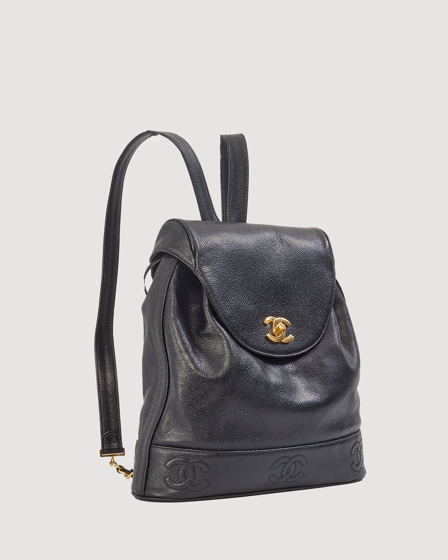 Chanel Vintage Black Caviar Leather Drawstring Triple CC Backpack
