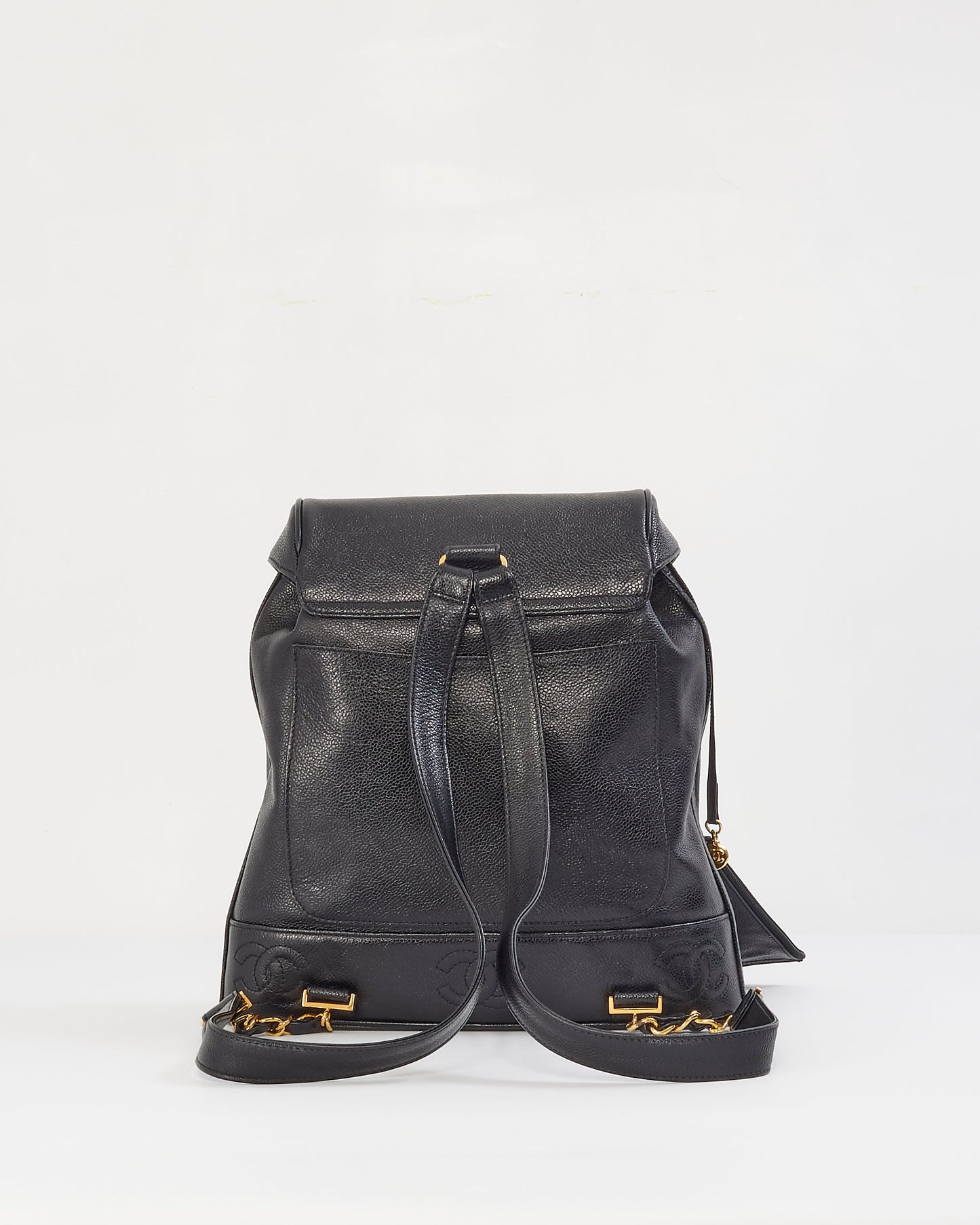 Chanel Vintage Black Caviar Leather Drawstring Triple CC Backpack