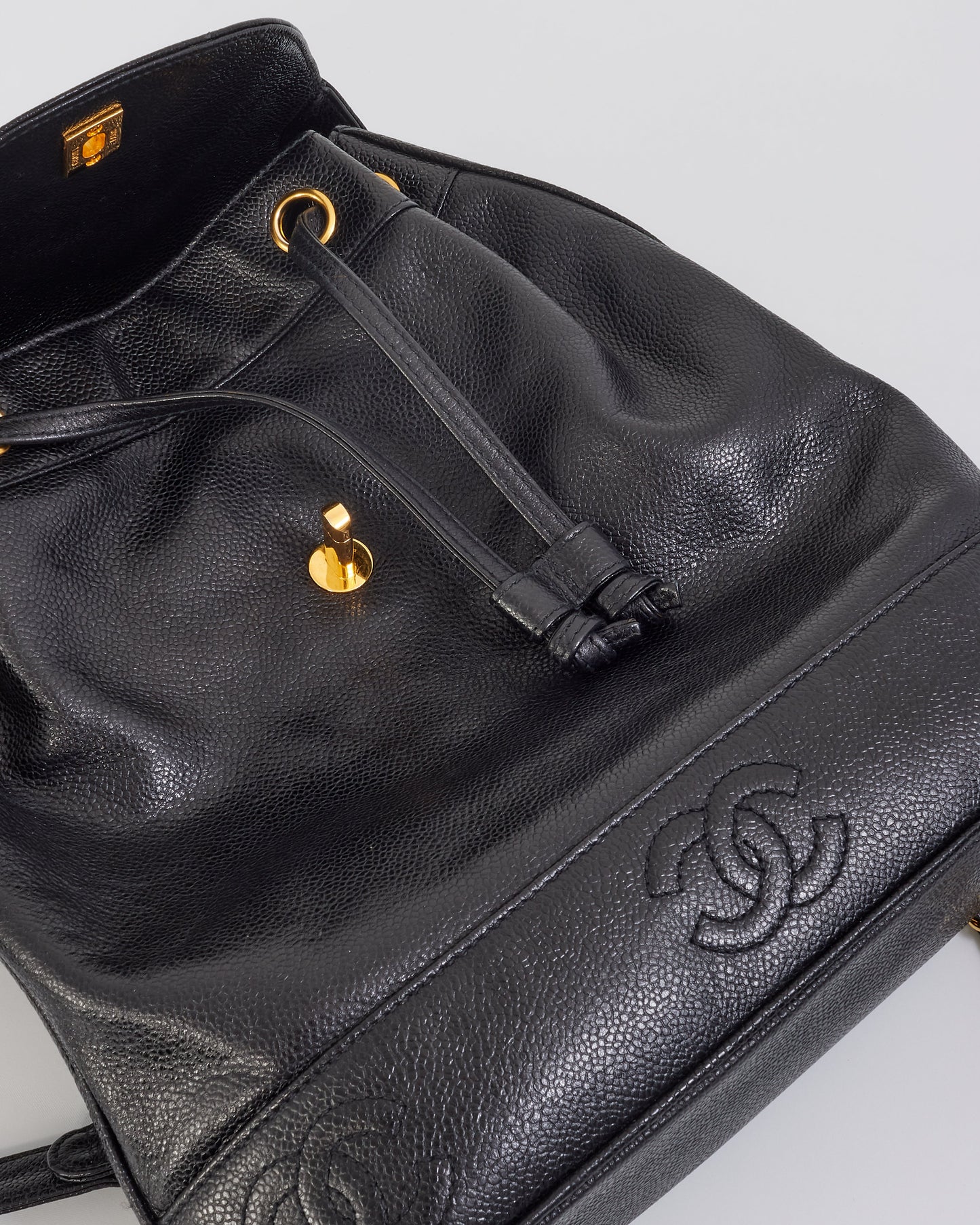 Chanel Vintage Black Caviar Leather Drawstring Triple CC Backpack