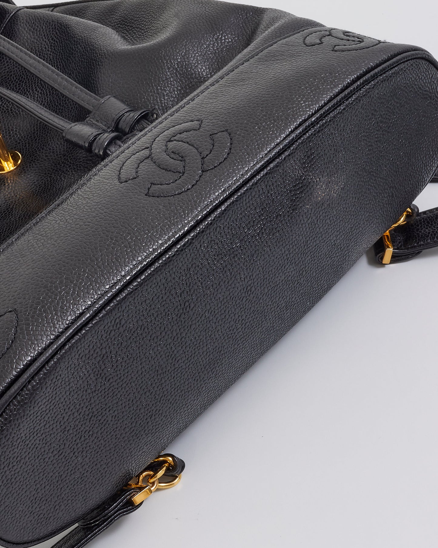 Chanel Vintage Black Caviar Leather Drawstring Triple CC Backpack