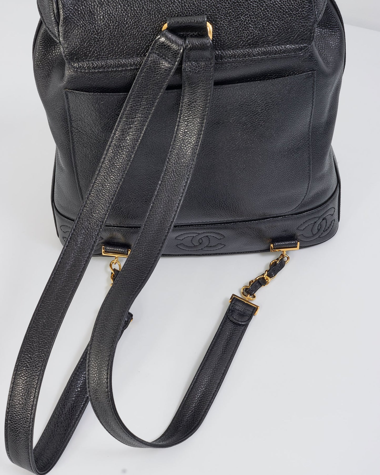 Chanel Vintage Black Caviar Leather Drawstring Triple CC Backpack