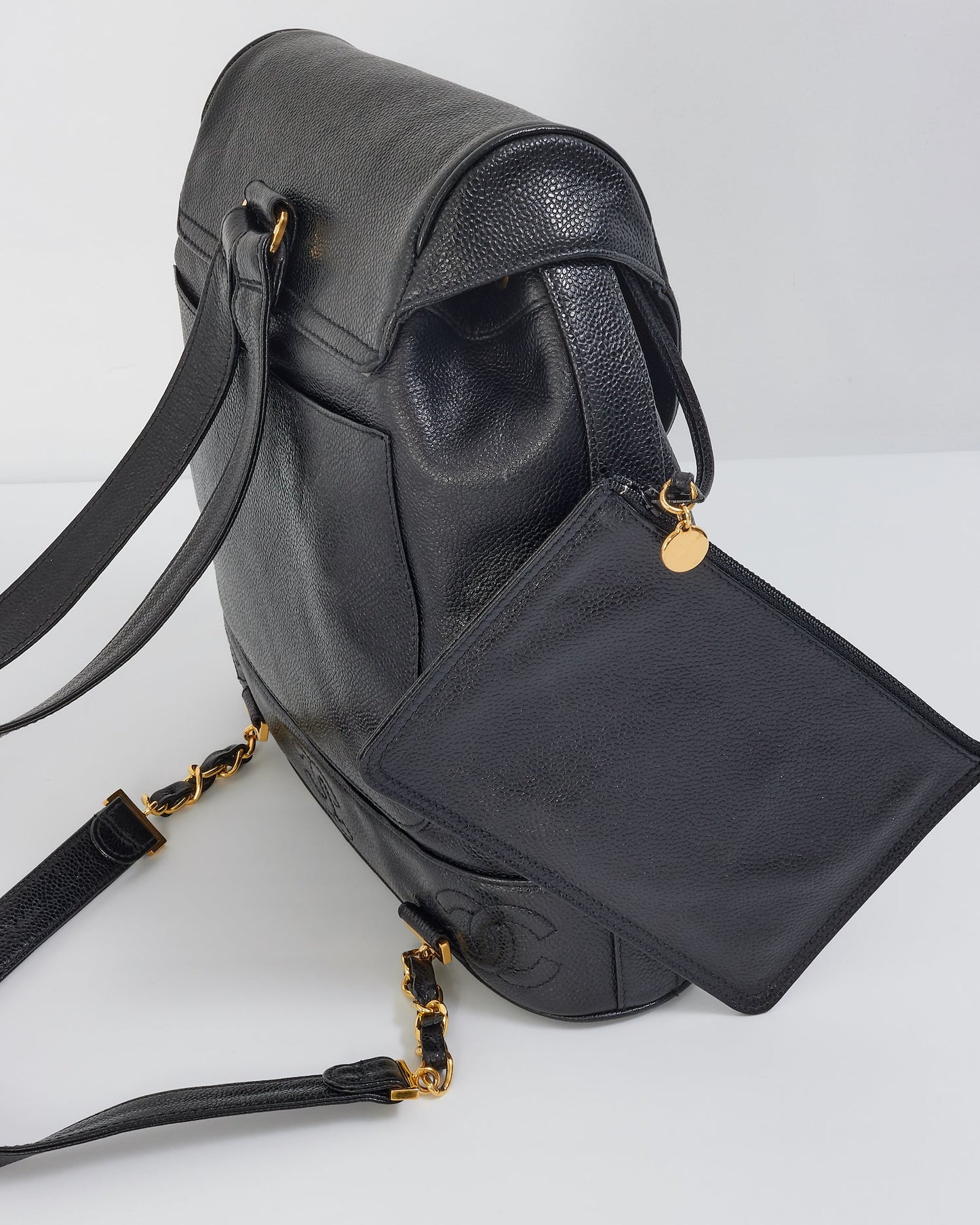 Chanel Vintage Black Caviar Leather Drawstring Triple CC Backpack