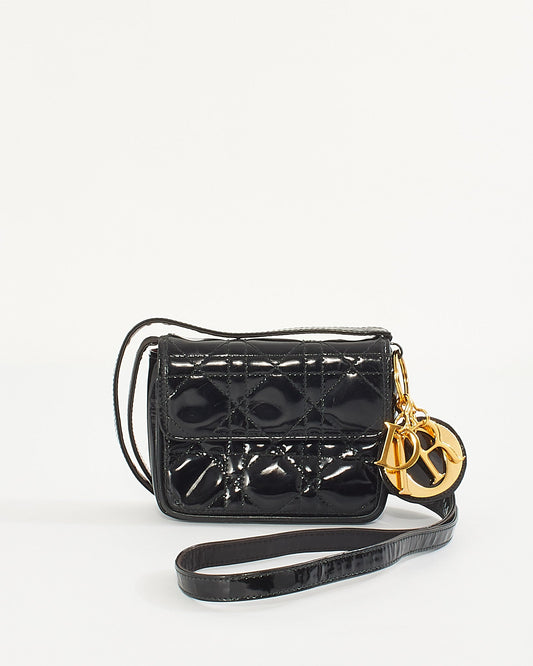 Dior Vintage Black Patent Small Lady Dior Voyageur Coin Purse on Strap