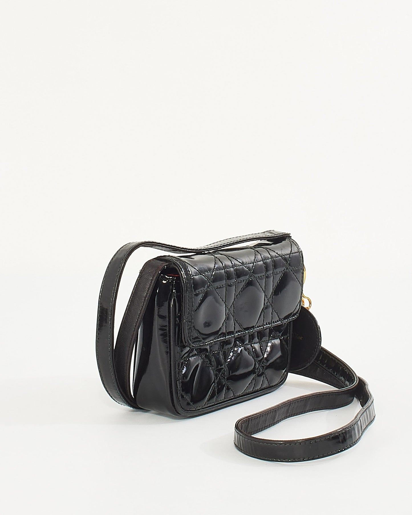Dior Vintage Black Patent Small Lady Dior Voyageur Coin Purse on Strap