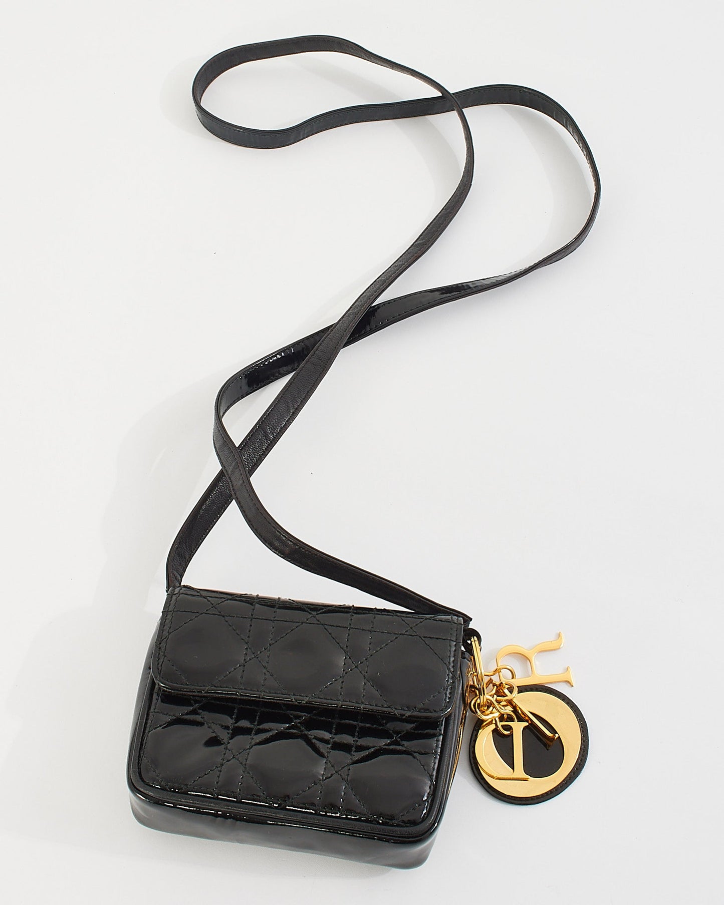 Dior Vintage Black Patent Small Lady Dior Voyageur Coin Purse on Strap
