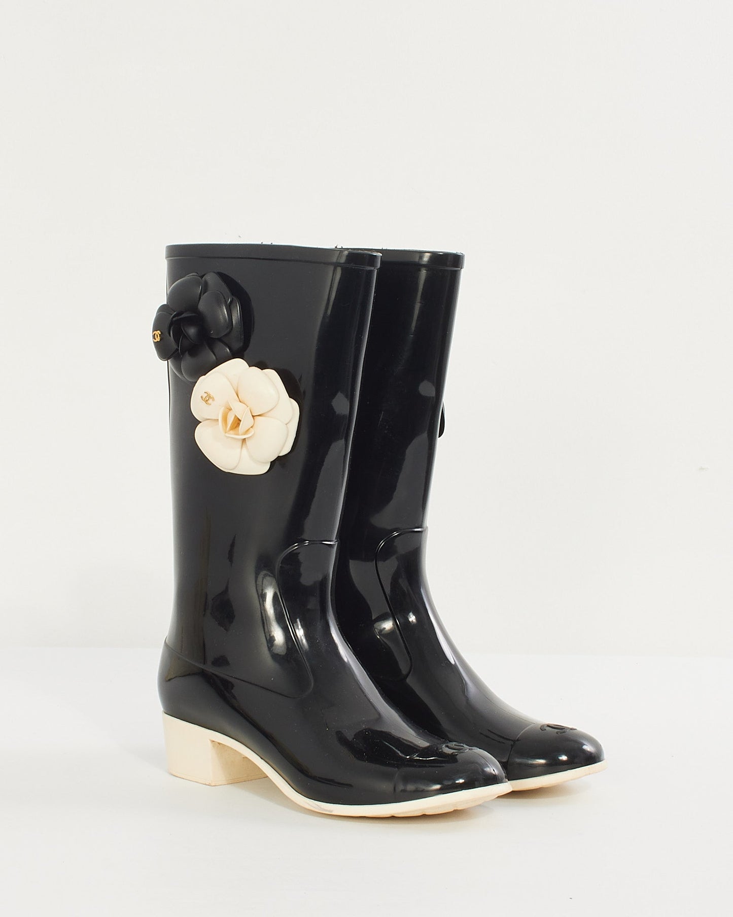 Chanel Black/Cream Rubber Camellia Flower Rain Boots - 38