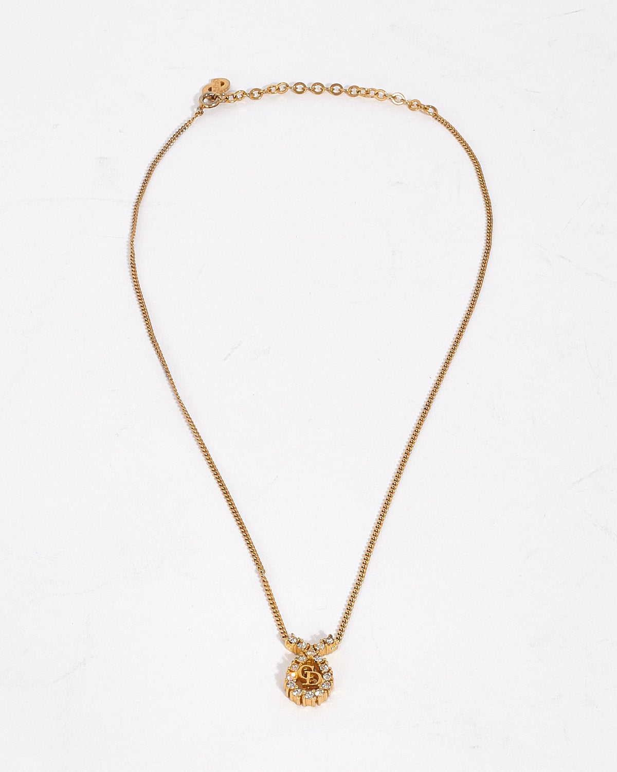 Dior Vintage Gold Logo Rhinestone Teardrop Necklace