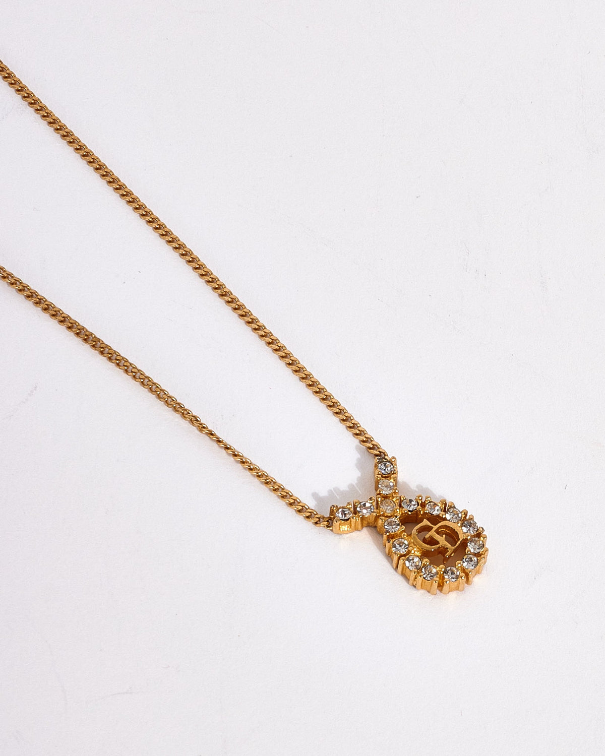 Dior Vintage Gold Logo Rhinestone Teardrop Necklace