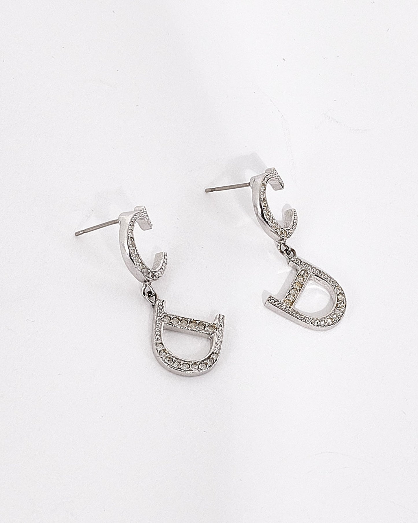 Dior Vintage Silver CD Logo Rhinestone Earrings