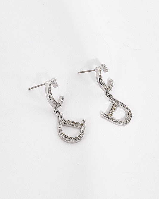 Dior Vintage Silver CD Logo Rhinestone Earrings