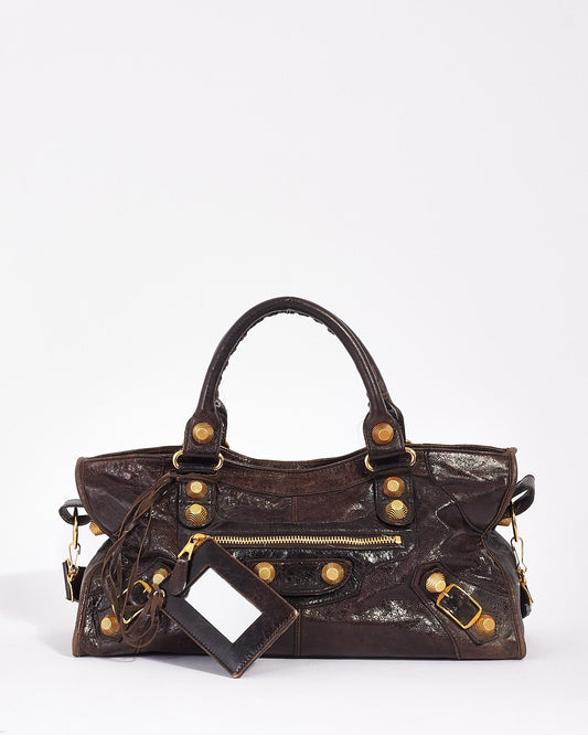 Balenciaga Brown Lambskin Leather Giant Motocross City Bag