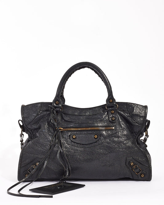 Balenciaga Black Lambskin Leather Motocross City Bag
