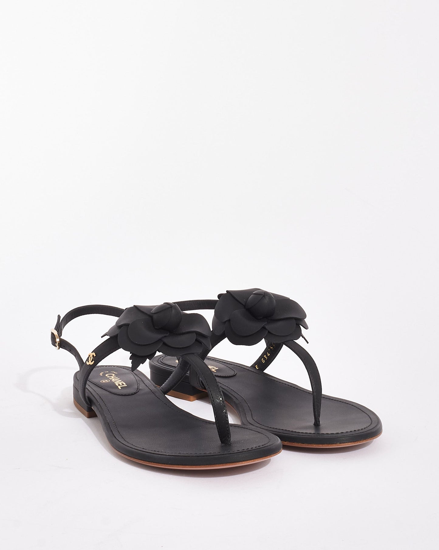 Chanel Black Leather Camellia Flower Sandals - 38