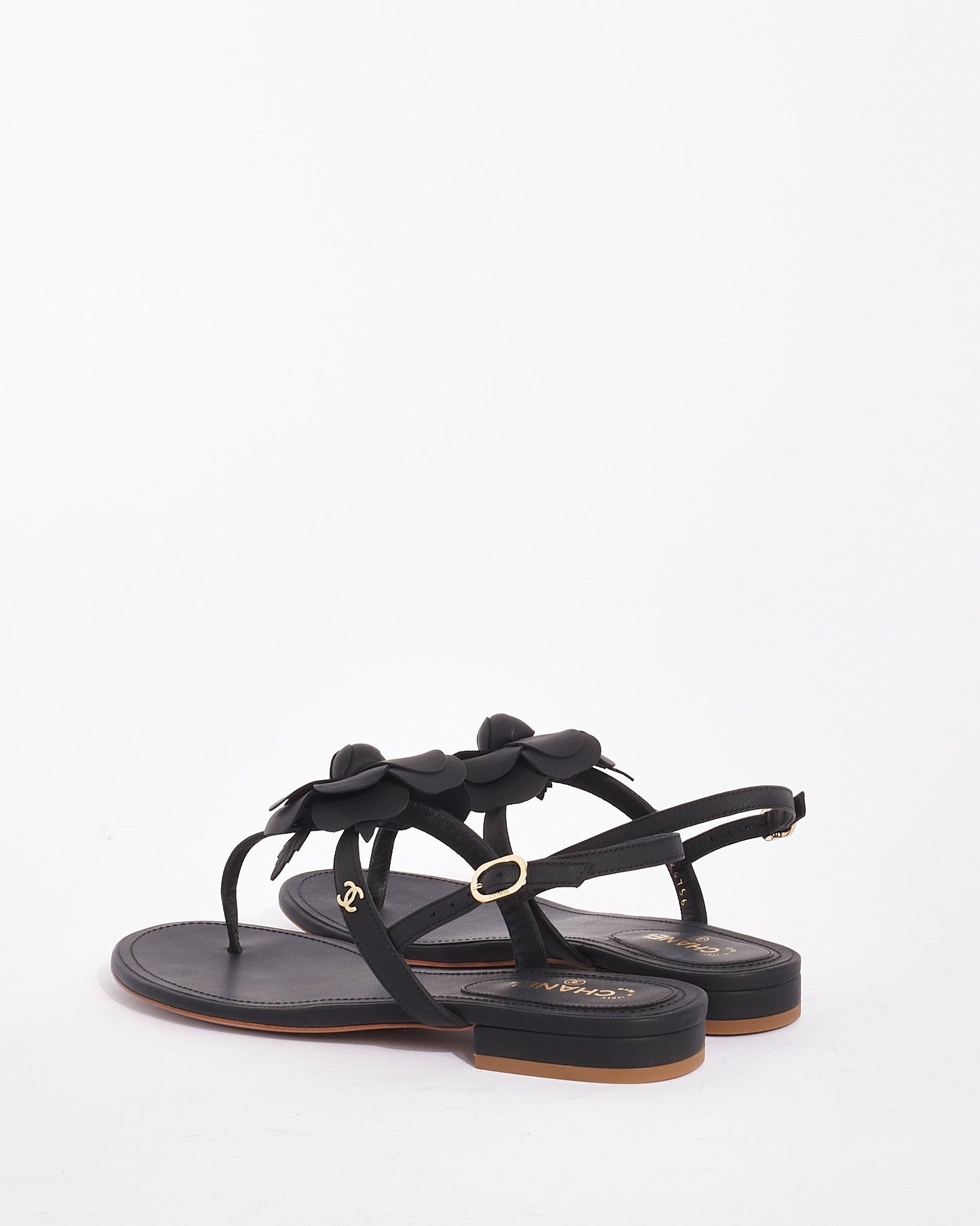 Chanel Black Leather Camellia Flower Sandals - 38