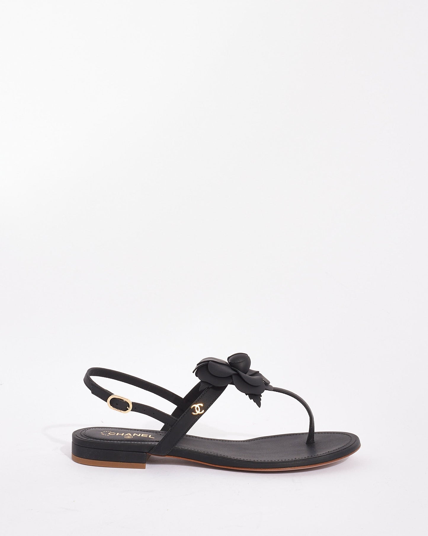 Chanel Black Leather Camellia Flower Sandals - 38
