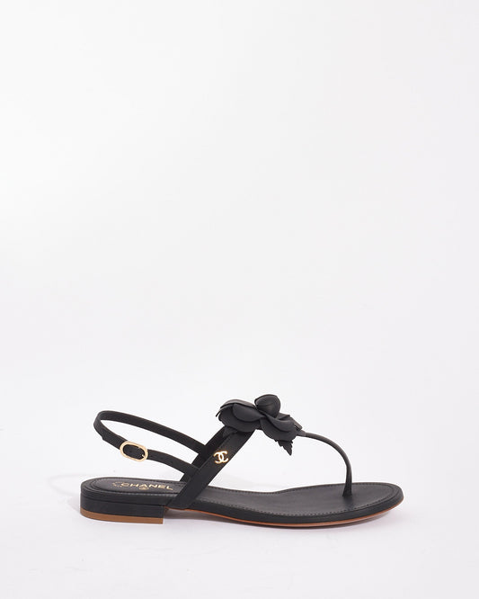 Chanel Black Leather Camellia Flower Sandals - 38