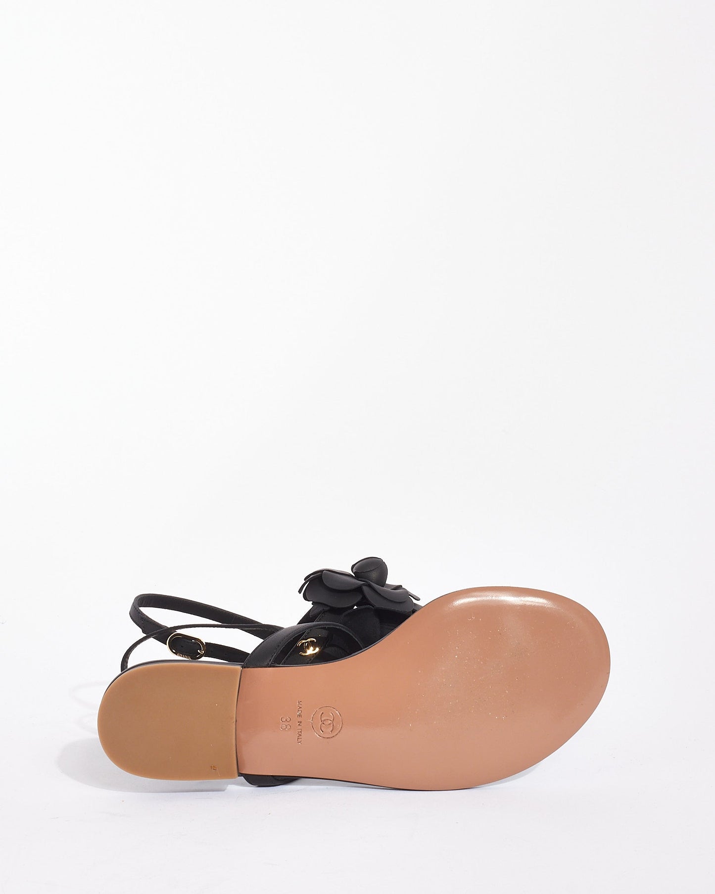 Chanel Black Leather Camellia Flower Sandals - 38