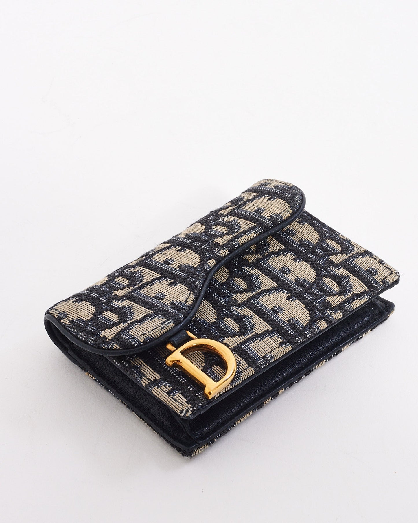 Dior Blue Canvas Oblique Jacquard Saddle Card Holder Wallet