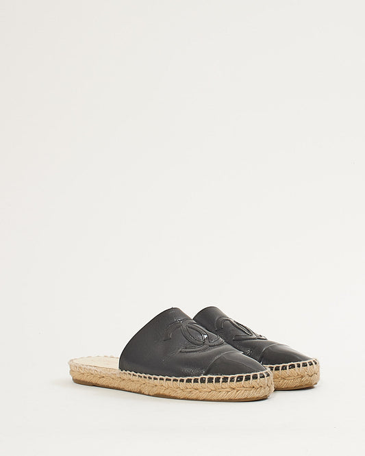 Chanel Black Leather CC Interlocking Patent Espadrille Slides - 37