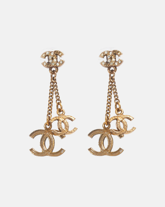 Chanel Antique Gold Tone Triple CC Interlocking Logo Earrings