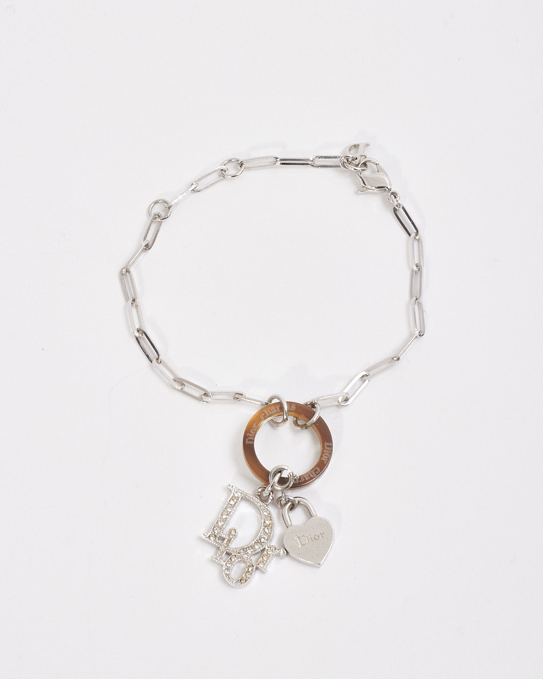 Dior Silver Link Chain Crystal Logo Bracelet