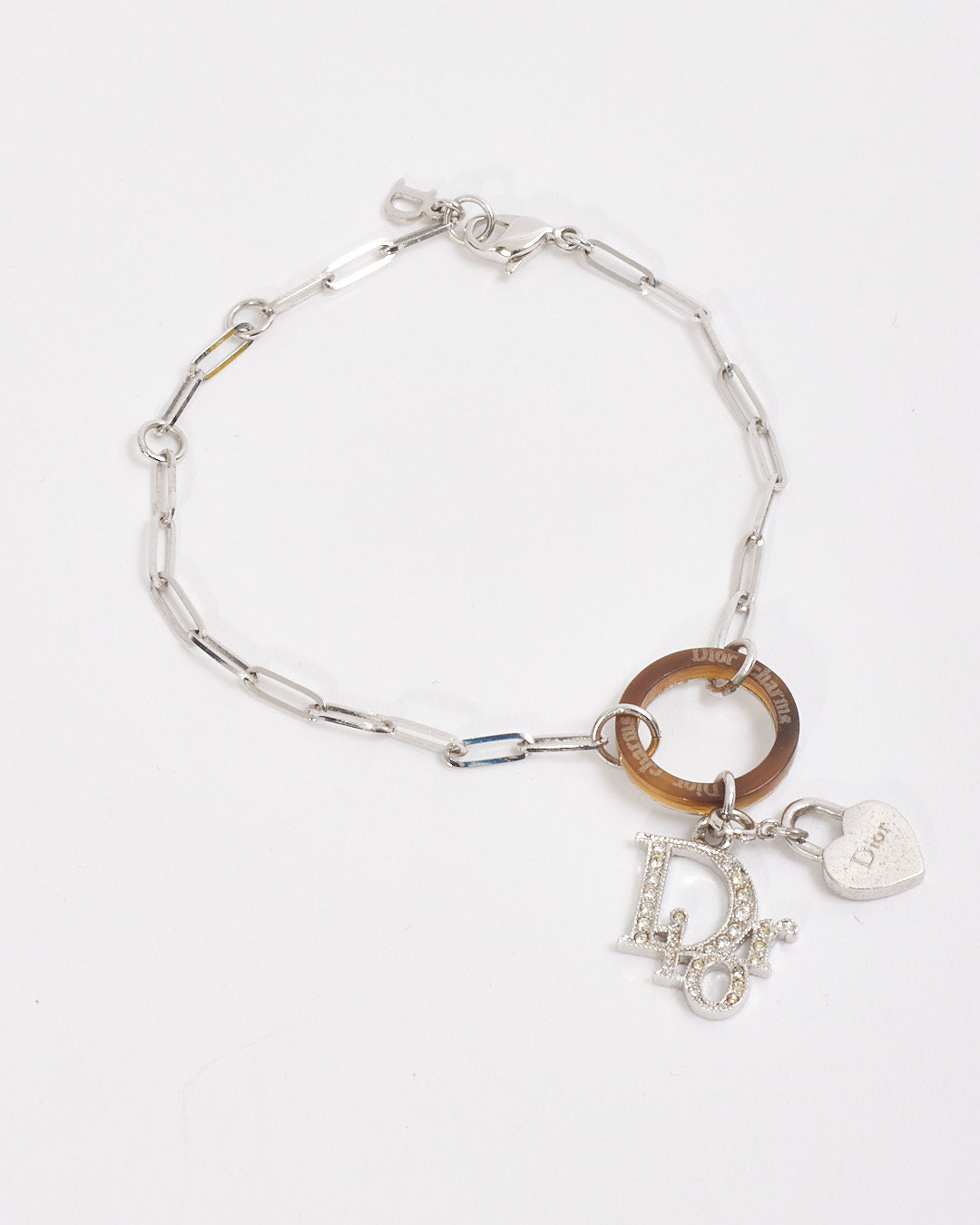 Dior Silver Link Chain Crystal Logo Bracelet