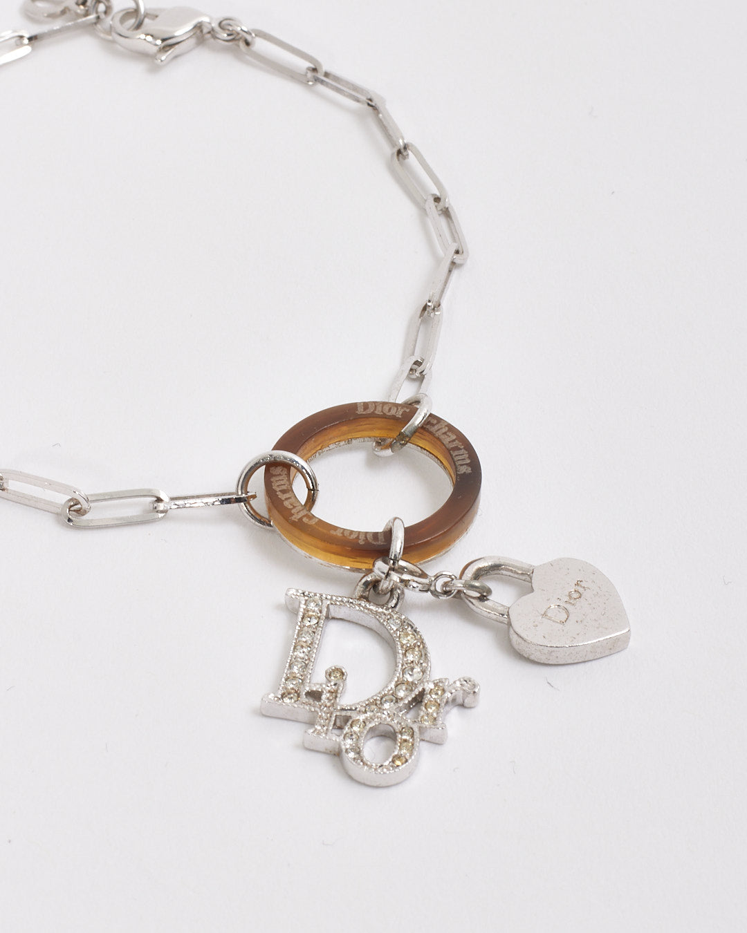 Dior Silver Link Chain Crystal Logo Bracelet