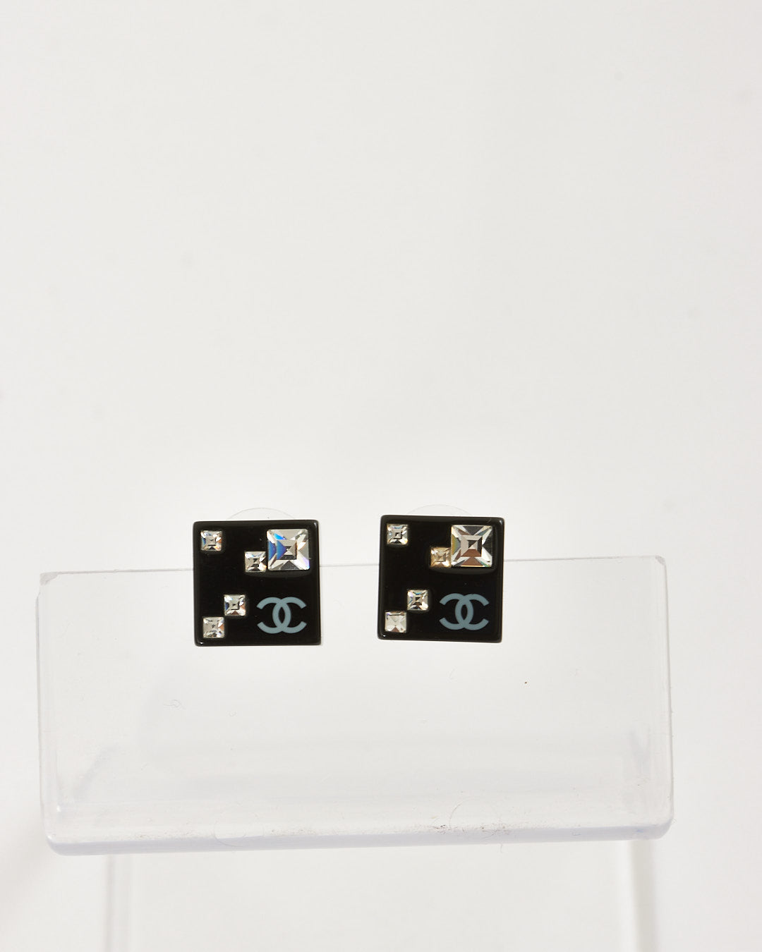 Chanel Black Cube Crystal Detail Earrings