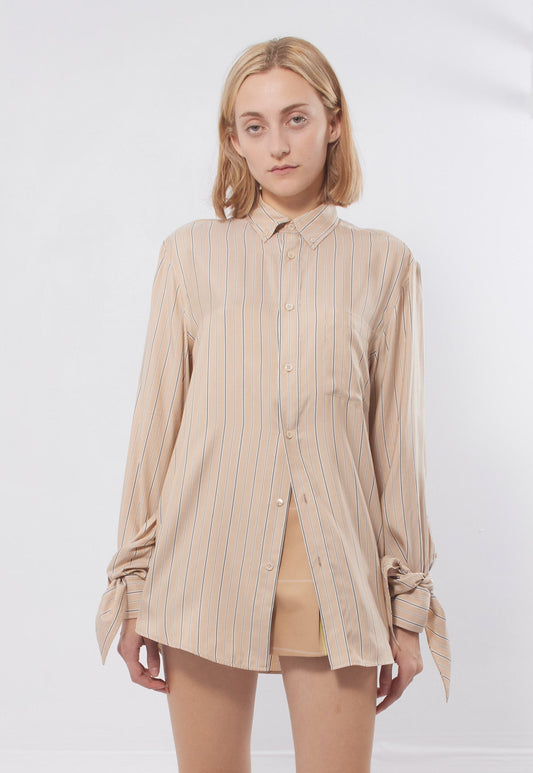 Balenciaga Beige/Blue Stripe Silk Button Down Blouse - 32