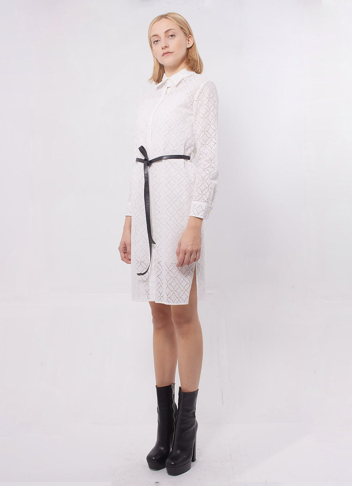 Louis Vuitton White Perforated Button Down Dress with Wrap Belt - 34