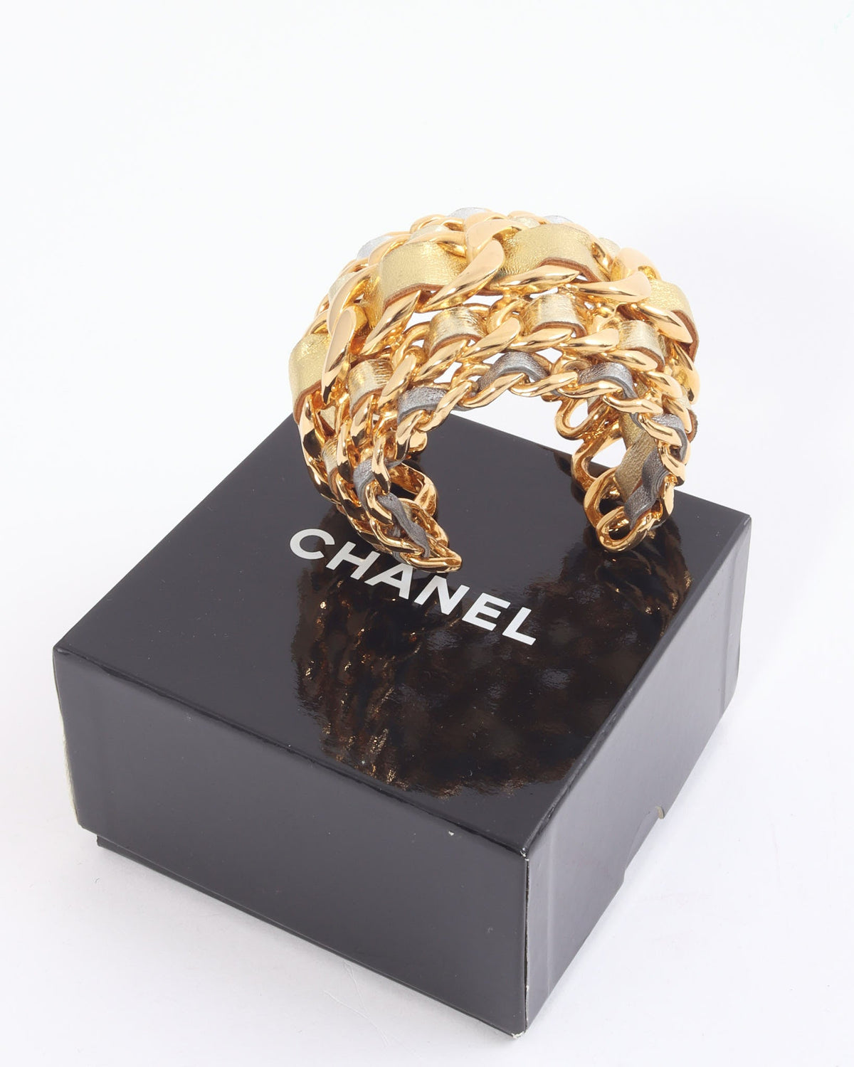 Chanel Vintage Gold/Silver Metallic Woven Leather Chain Cuff