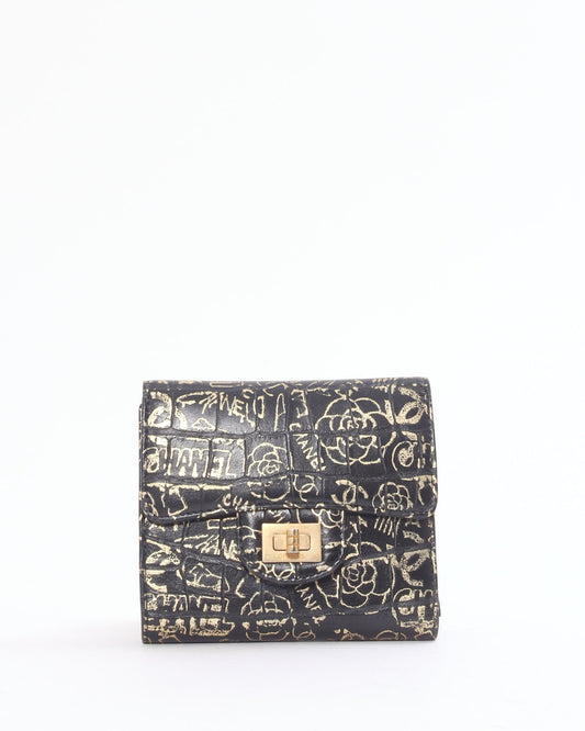 Chanel Black/Gold Croc Embossed Paris-New York Compact Wallet