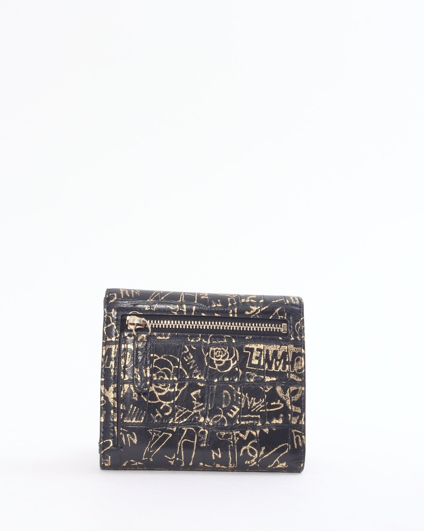 Chanel Black/Gold Croc Embossed Paris-New York Compact Wallet