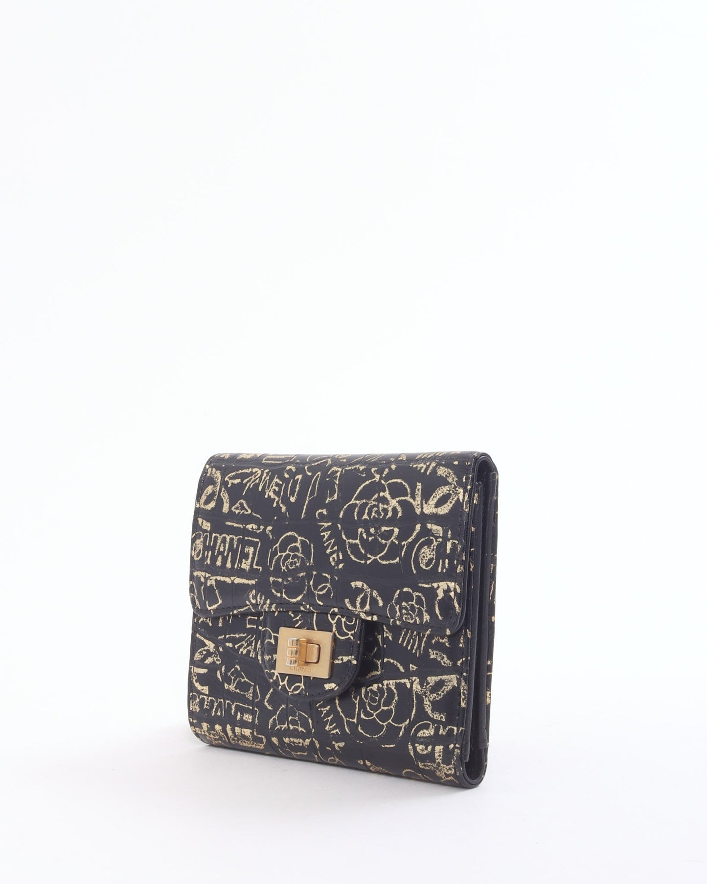 Chanel Black/Gold Croc Embossed Paris-New York Compact Wallet