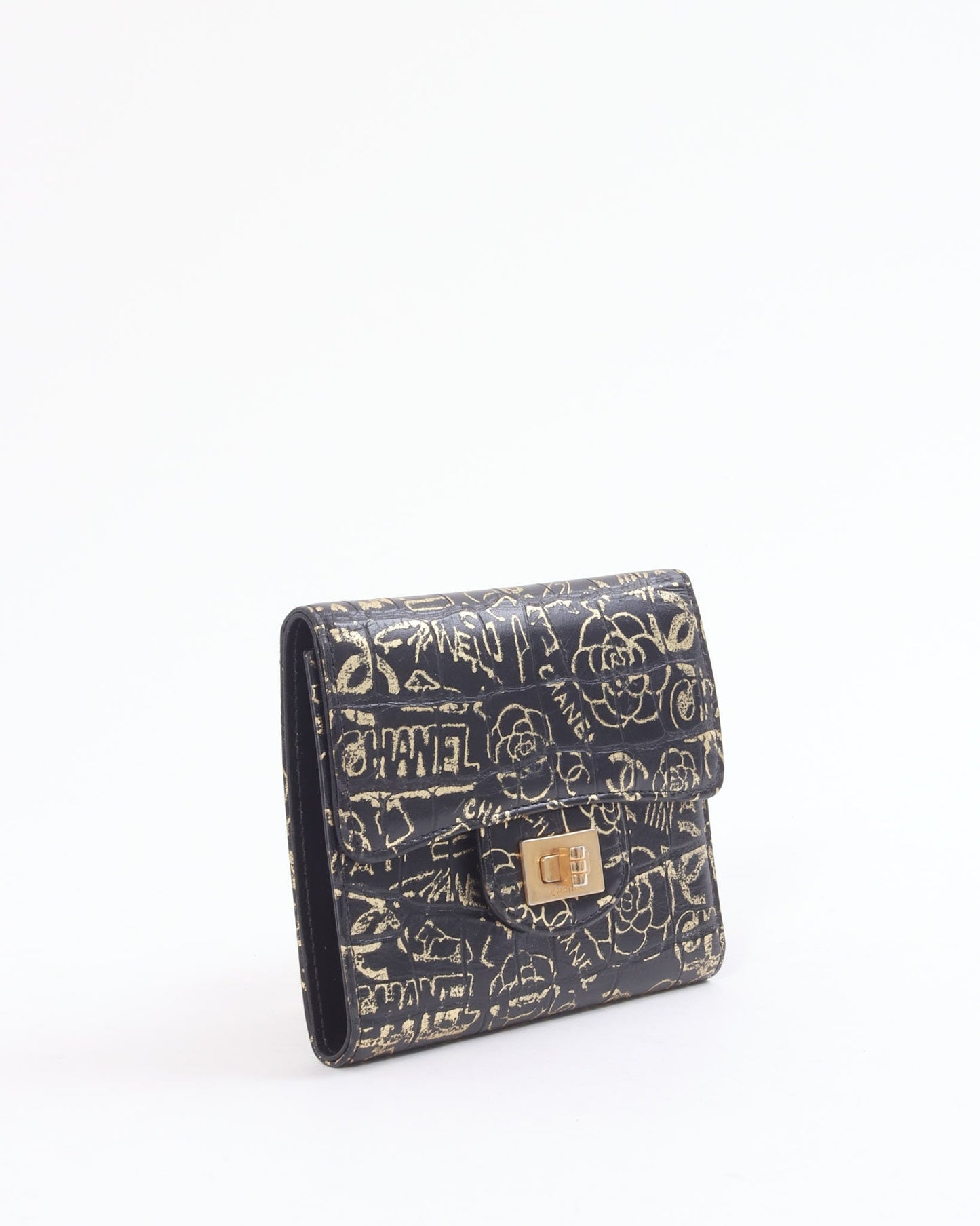 Chanel Black/Gold Croc Embossed Paris-New York Compact Wallet