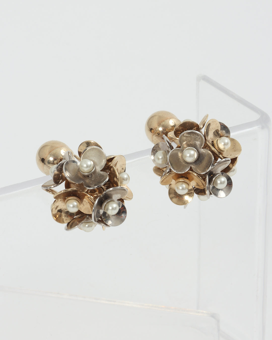 Dior Tribal Flower Petals Pearl Gold Stud Earrings