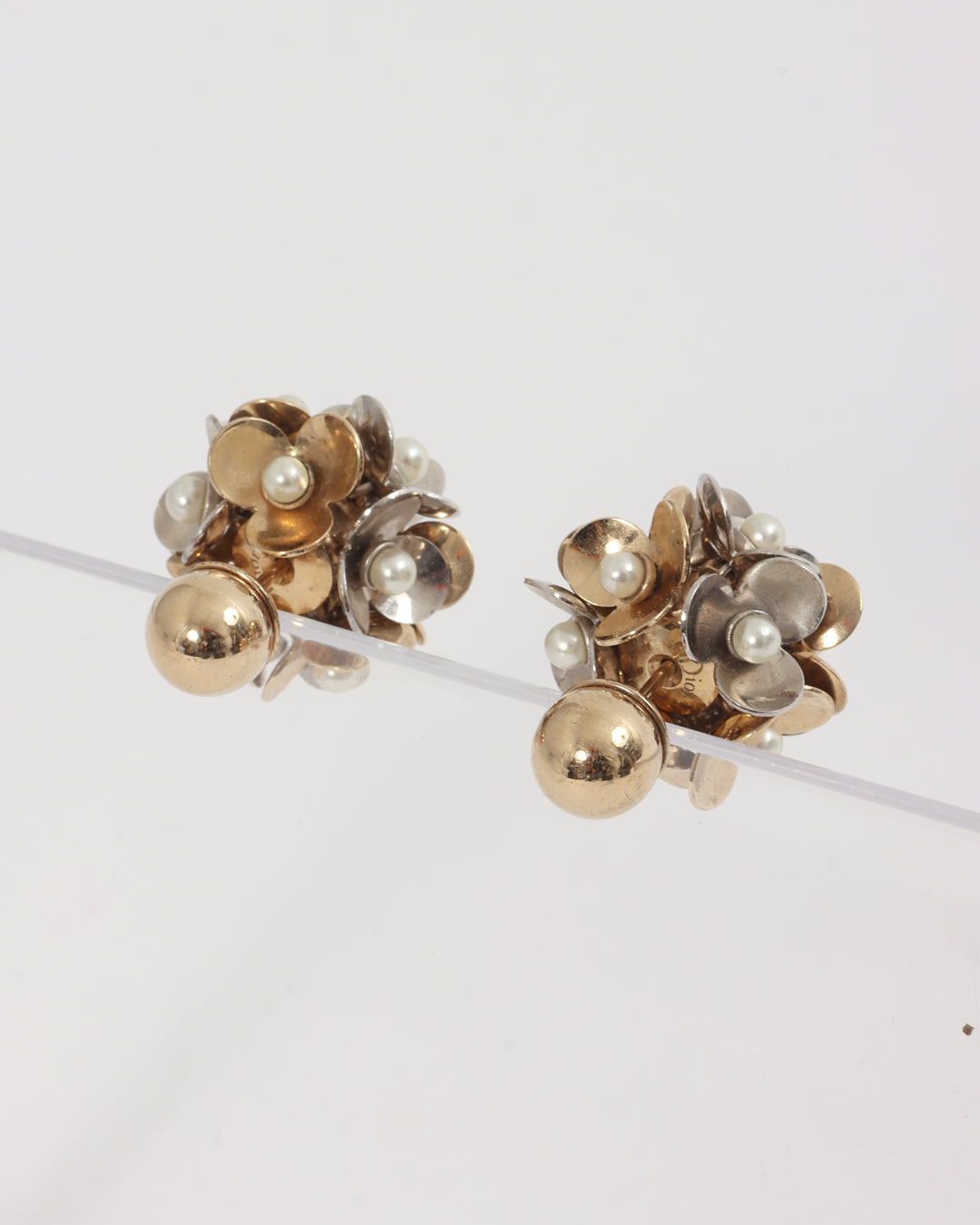 Dior Tribal Flower Petals Pearl Gold Stud Earrings