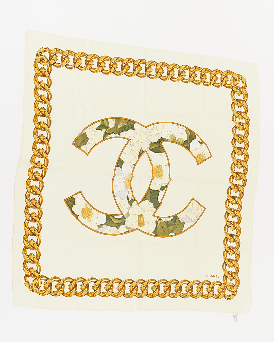 Chanel Cream Floral CC Interlocking Logo Silk Scarf