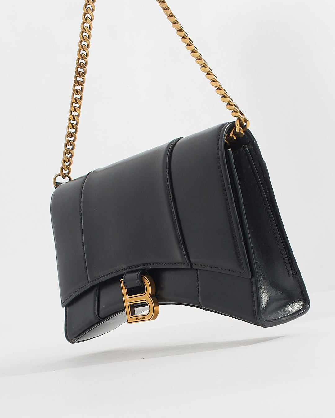 Balenciaga Black Smooth Leather Box Hourglass Wallet on a Chain