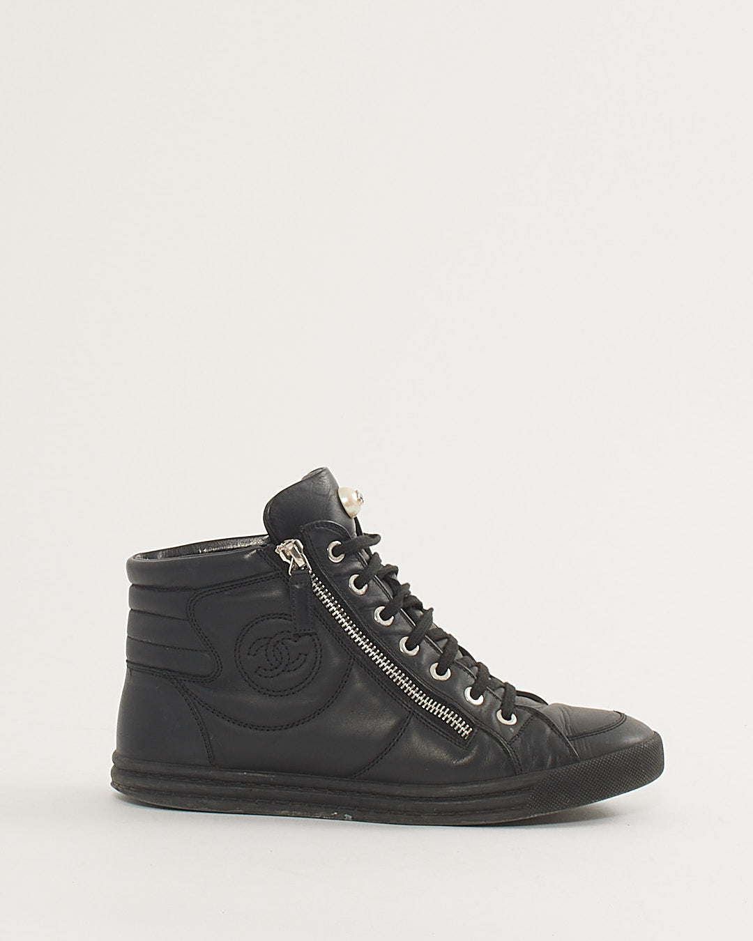 Chanel Black Leather Logo High-Top Sneakers - 38