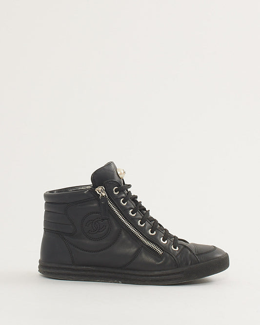 Chanel Black Leather Logo High-Top Sneakers - 38