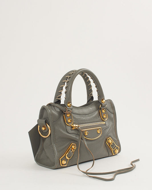 Balenciaga Grey Leather Metallic Edge Motocross Mini City Bag