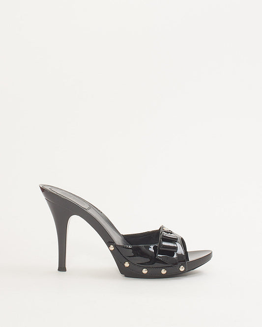 Dior Black Patent Leather Bow Heeled Sandals - 38.5