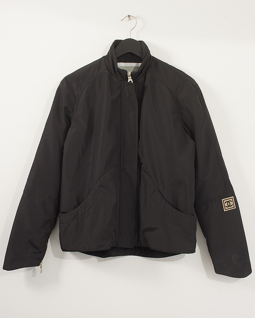 Chanel Black Nylon Logo Bomber Jacket - 44