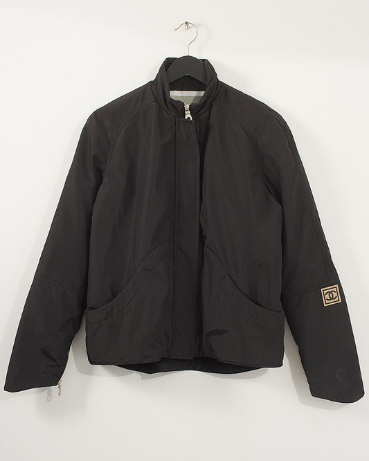 Chanel Black Nylon Logo Bomber Jacket - 44