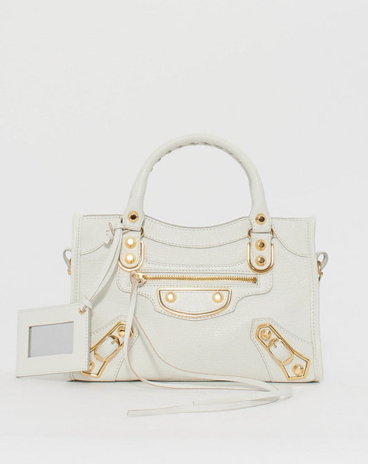 Balenciaga White Leather Metallic Edge Motocross Mini City Bag