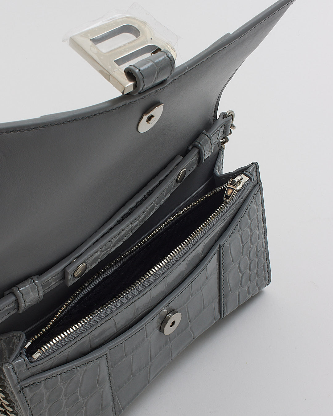 Balenciaga Grey Shiny Croc-Embossed Hourglass Wallet-on-Chain Handbag