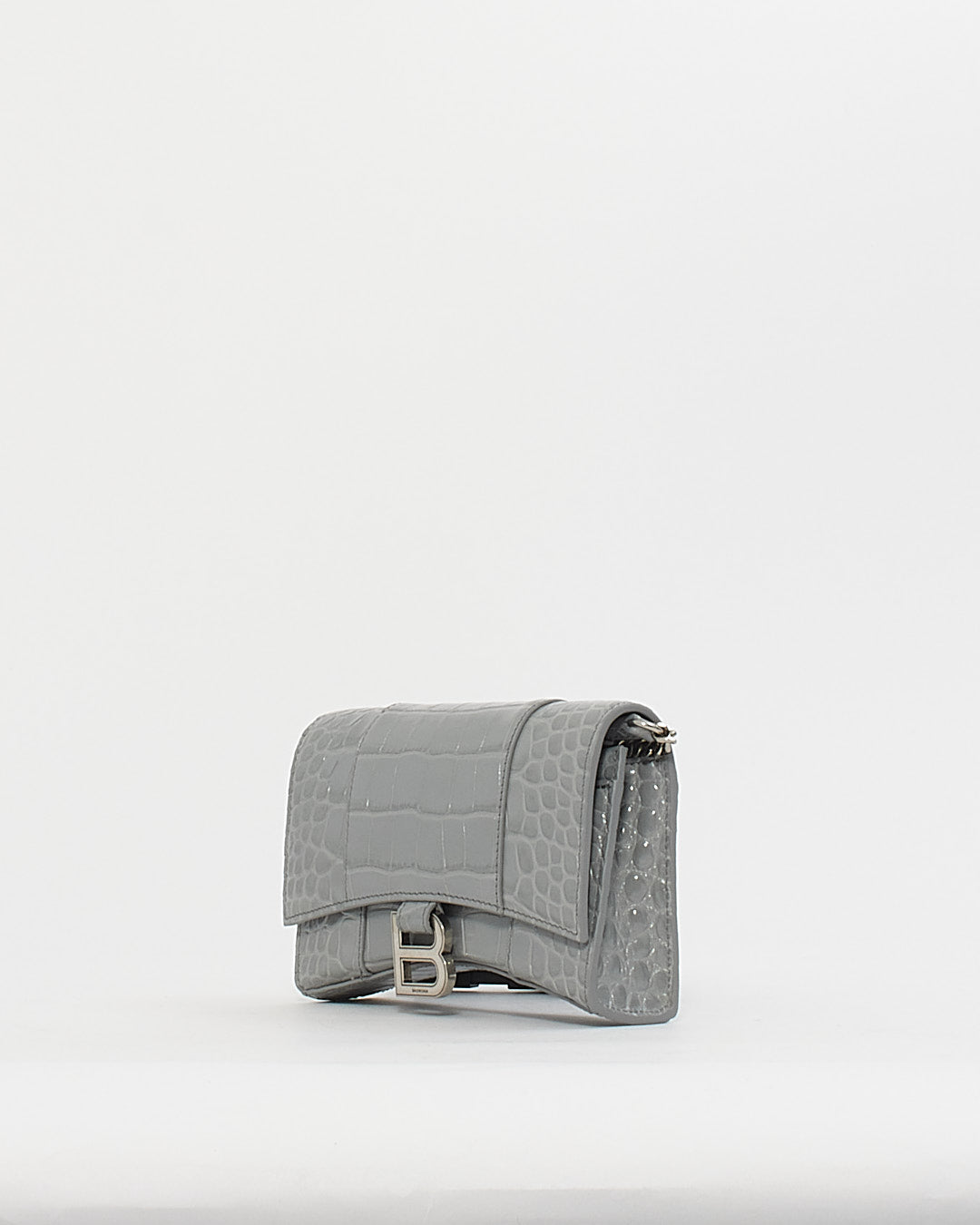 Balenciaga Grey Shiny Croc-Embossed Hourglass Wallet-on-Chain Handbag