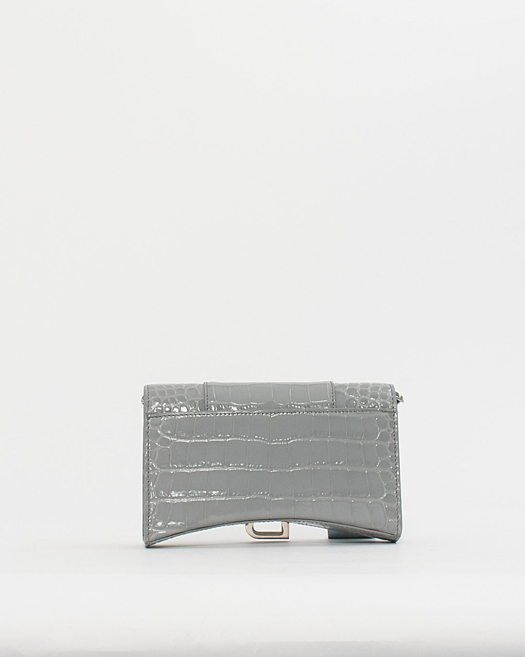 Balenciaga Grey Shiny Croc-Embossed Hourglass Wallet-on-Chain Handbag